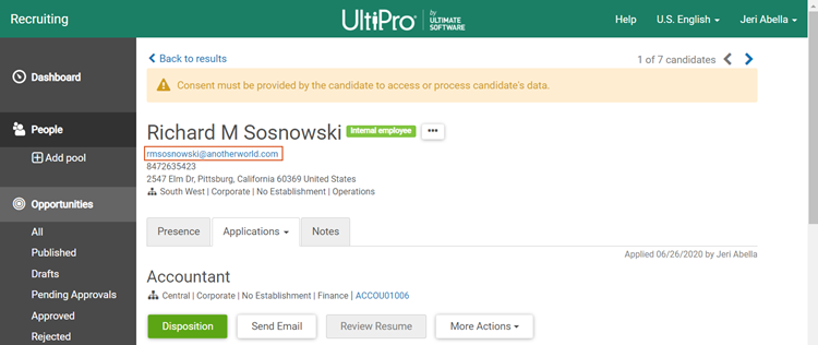 Applicant Details page. Image shows applicants name with a green box next to it with the text, "Internal Employee." Below the applicant's name is their email address.