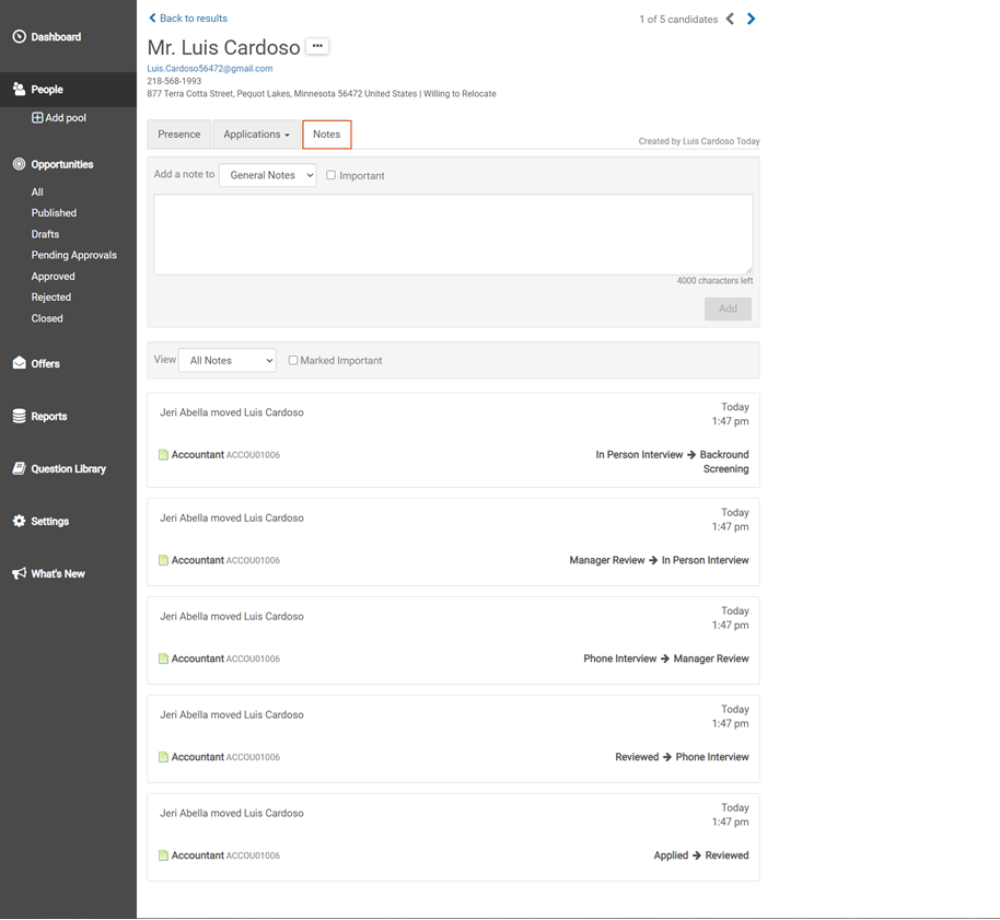 Applicant page. Image shows the Notes tab with a field to enter notes and a list of notes already taken for the applicant.