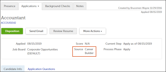 Applicant source shown in the application details