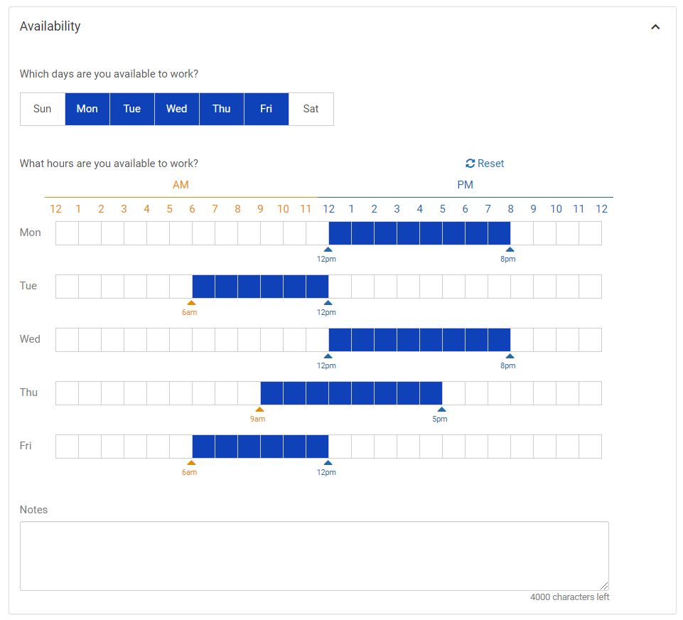 Candidate Application. Image displays Availability section which includes the question "Which Days Are You Available to Work?" and a graph showing the seven days of the week. Monday through Friday are highlighted. Image also displays the question "What Hours Are You Available to Work?" and a table with the days the candidate selected. Each day displays a graph with the hours midnight to midnight with the candidate's available hours highlighted.