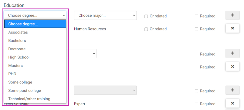 Draft Opportunity with the Choose Degree drop down selector active and showing a list of available academic Degrees.