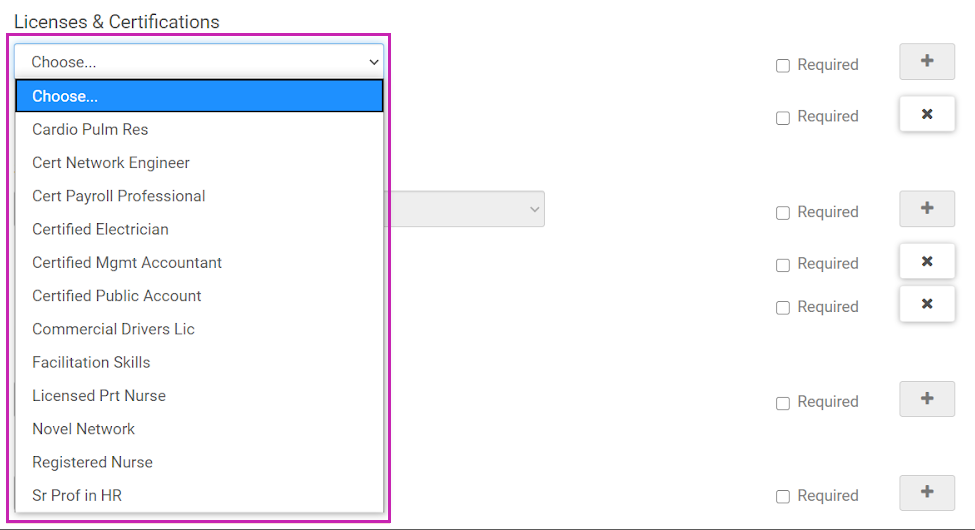 Draft Opportunity with the Licenses And Certifications drop down selector active and showing a list of available licenses and certifications.