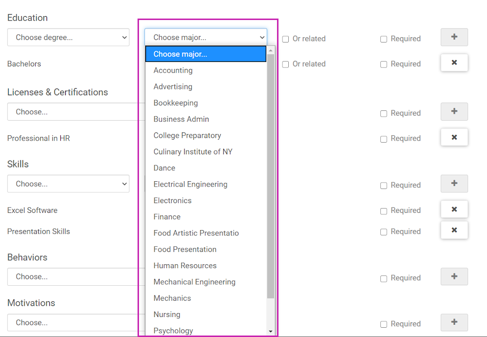 Draft Opportunity with the Choose Major drop down selector active and showing a list of available academic Majors.