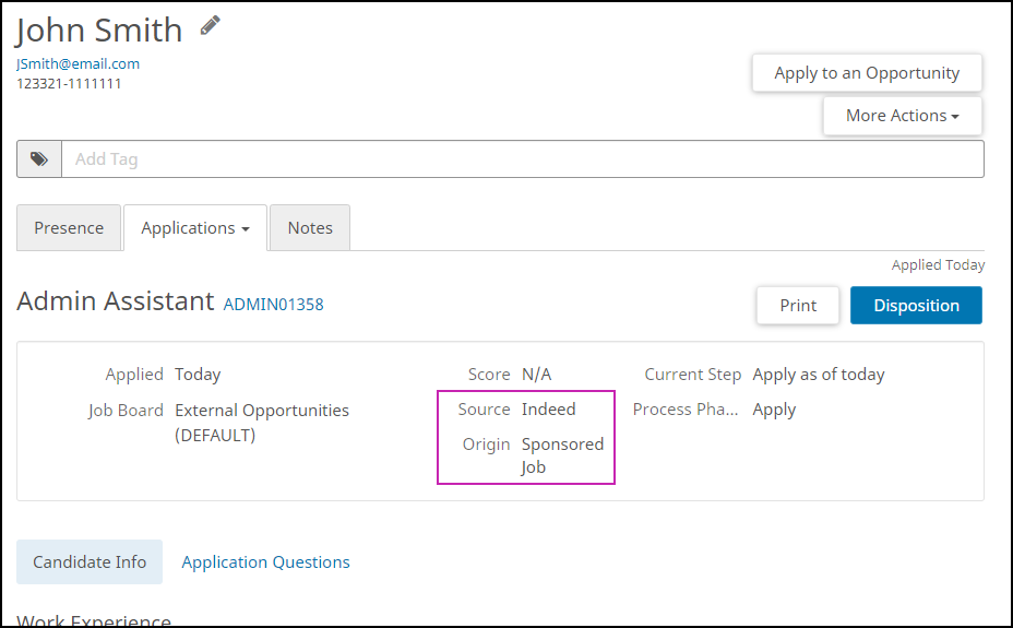 Example detail page of a candidate application with a Source of "Indeed" and an Origin of "Sponsored Job""