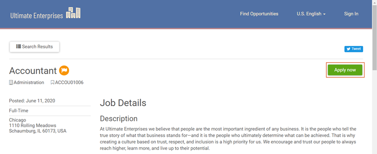Opportunity page on a Job Board. Image displays an Apply Now button to the right of the opportunity title.