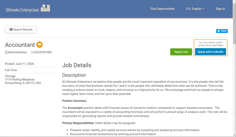 To apply using their LinkedIn profile, candidates should select Apply With LinkedIn on the opportunity.