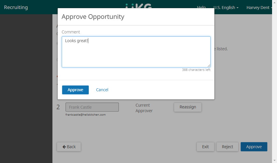 Recruiting Process tab of an Opportunity. Image displays pop-up window with Comment field and Approve button.