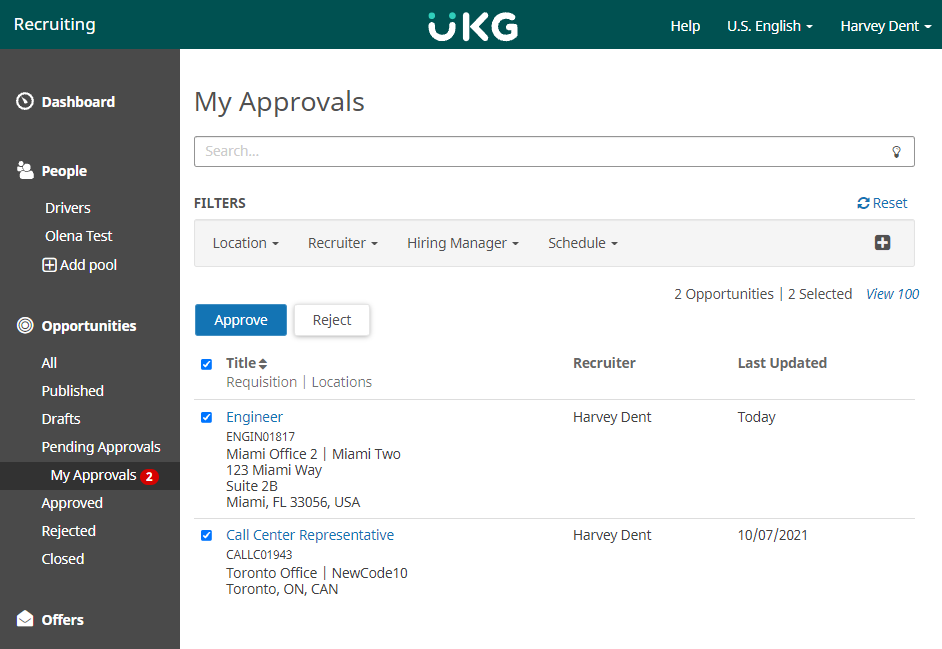 My Approvals page. Image displays table with two opportunities. Both opportunities are checked and Approve button is activated.