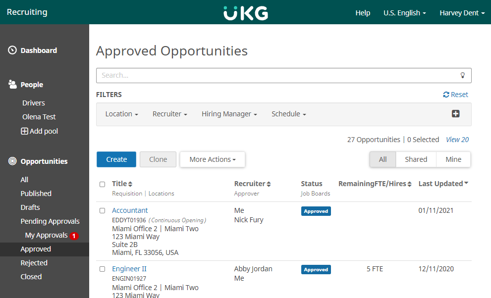 Approved Opportunities page. Image displays a table with the following columns: Title, Requisition, Location, Recruiter, Approver, Status, Job Boards, and Last Updated Date. There is a row for each opportunity.