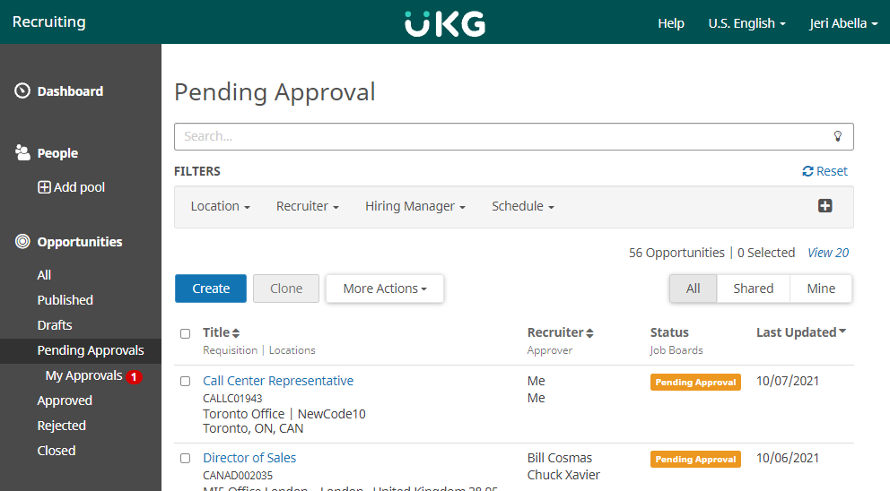 Pending Approvals page. Image displays a table with the following columns: Title, Requisition, Location, Recruiter, Approver, Status, Job Boards, and Last Updated Date. There is a row for each opportunity.