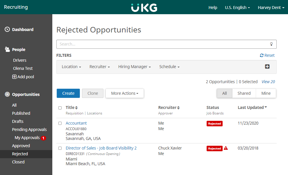 Rejected Opportunities page. Image displays a table with the following columns: Title, Requisition, Location, Recruiter, Approver, Status, Job Boards, and Last Updated Date. There is a row for each opportunity.