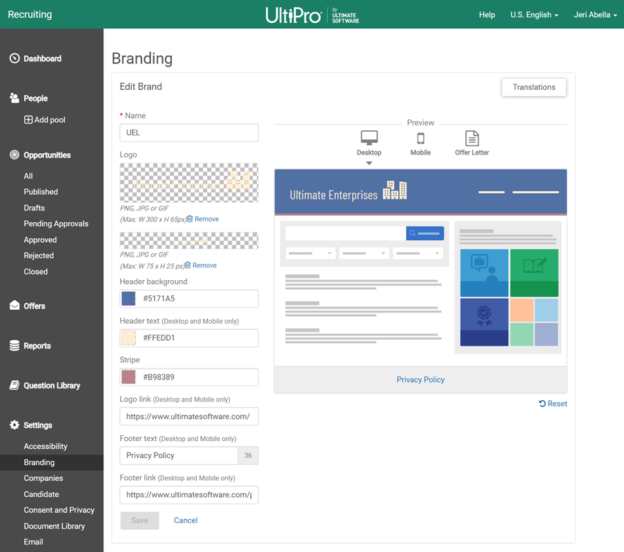 Branding Settings page. Image displays fields for Name, Logo, Mobile Logo, Header Background Color, Header Text Color, Stripe Color, Logo Link, Footer Text, and Footer Link. Image also displays a Save button and Translations button. Image also displays previews for Desktop and Mobile modes for the job board and the offer letter. 