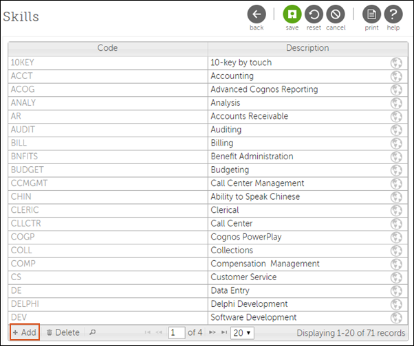 Items defined in the Skills business rule