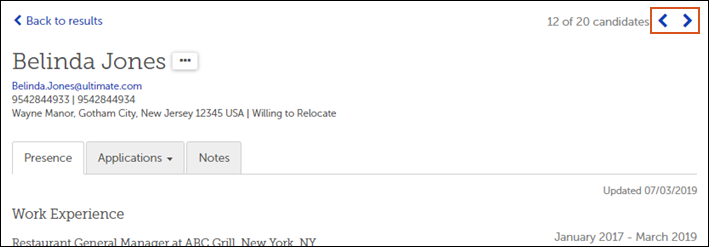 Previous and Next arrow buttons on a Candidate Detail page
