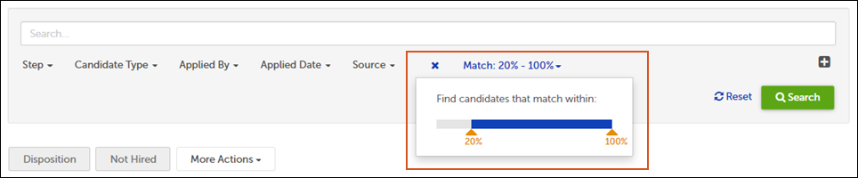 Sliders set minimum and maximum match score values for the filter