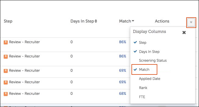 Display Columns menu with Match column selected