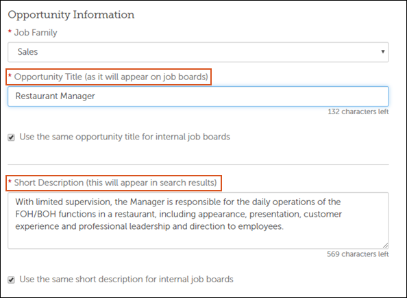 Example Opportunity Information showing the Opportunity Title and Short Description fields