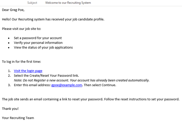 An example welcome email for a new candidate.
