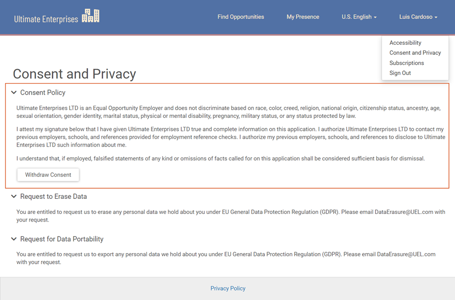 Consent and Privacy page on a Job Board. Image displays Consent Policy, Request to Erase Data Policy, and Request for Data Portability policy. The Consent Policy is highlighted.