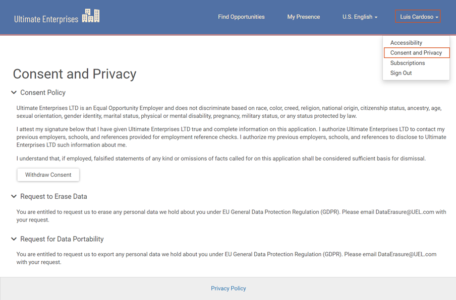 Consent and Privacy page on a Job Board. Image displays menu with expanded drop-down list including Consent and Privacy option. Page displays consent policy with button to request withdrawal, request to erase data statement, and request for data portability statement. 