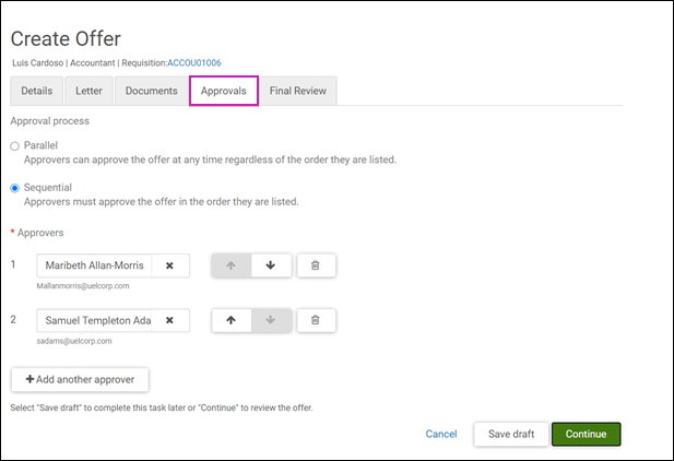 Create Offer page, Approvals Tab. Image displays radio buttons to select the Parallel or Sequential approval process. It also includes the option to add one or more approvers. 