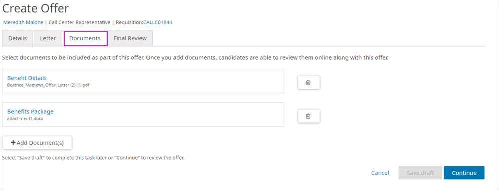 Create Offer page, Documents Tab. Image displays documents configured in the Document Library with the option to select one or more documents.