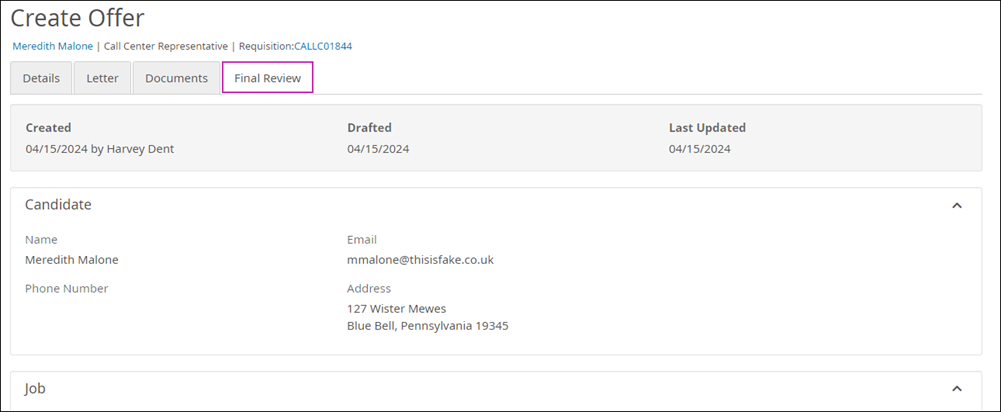 Create Offer page, Final Review Tab. Image displays candidate's contact information, job details, compensation information, recruiter contact info, hiring manager, supervisor, onboarding owner, notes, the offer letter, documents, and list of approvers.