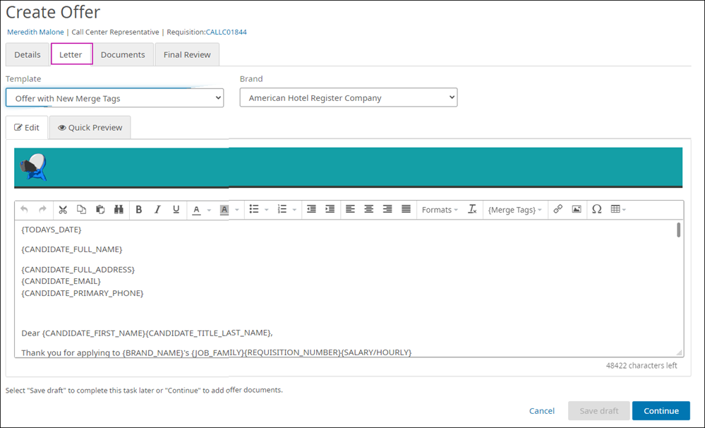 Create Offer page, Letter Tab. Image displays drop-down lists for Template and Brand. Image also displays the selected email template.