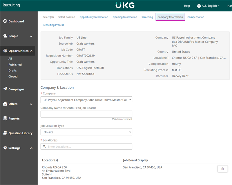 Company Information tab. Image displays Company drop-down list, Company Name for Auto-Feed Job Boards field, and Locations field.