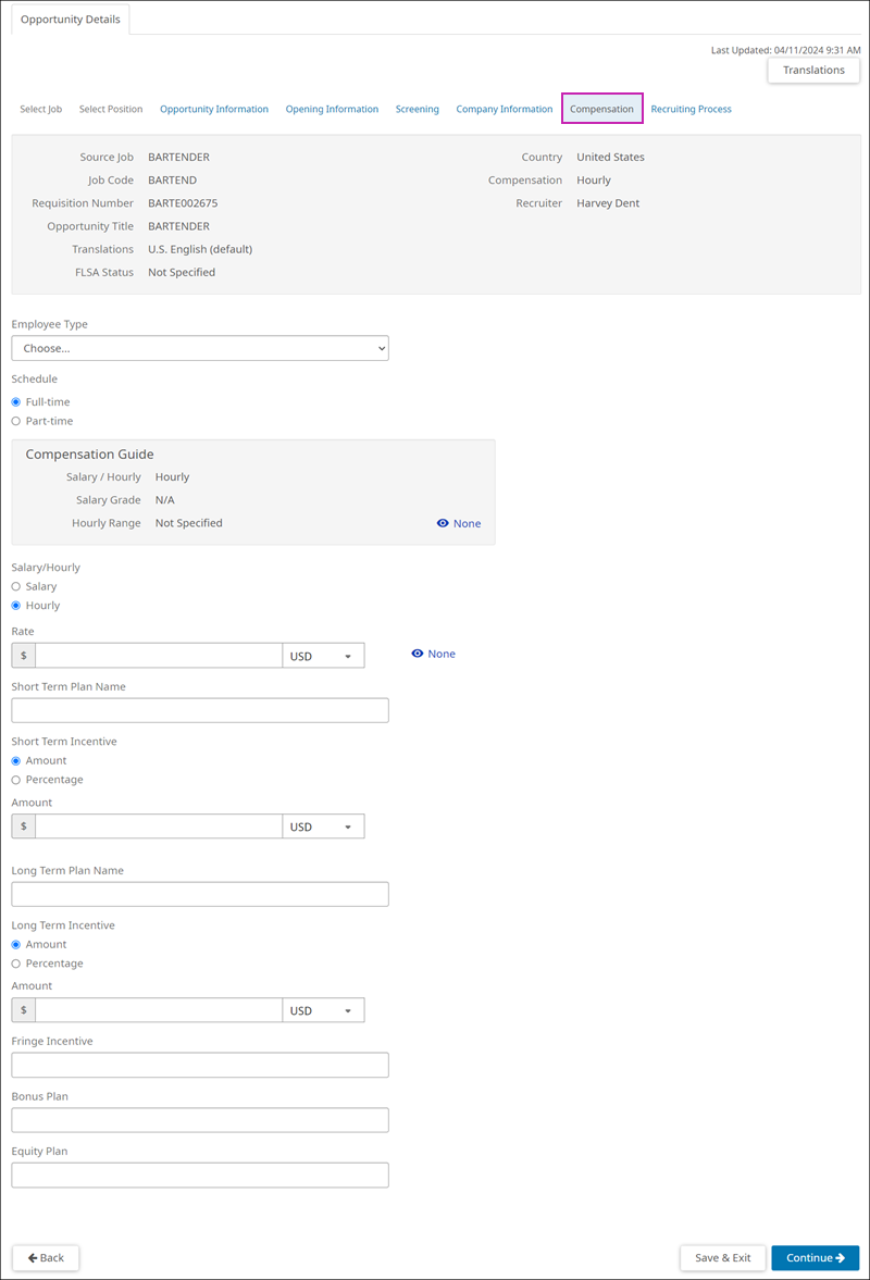 Compensation tab. Image displays Employee Type drop-down list, radio buttons for Full-Time and Part-Time, a Compensation guide showing Salary or Hourly, the Salary Grade, and the Salary Range, radio buttons for Salary and Hourly, Salary field, Eye icon, Short term plan name, Short term incentive with radio buttons for amount or percentage and a field to enter a number, the long term plan name, long term incentive with radio buttons for amount and percentage with a field to enter a number, the Fringe Incentive field, the Bonus Plan field and the Equity Plan field.