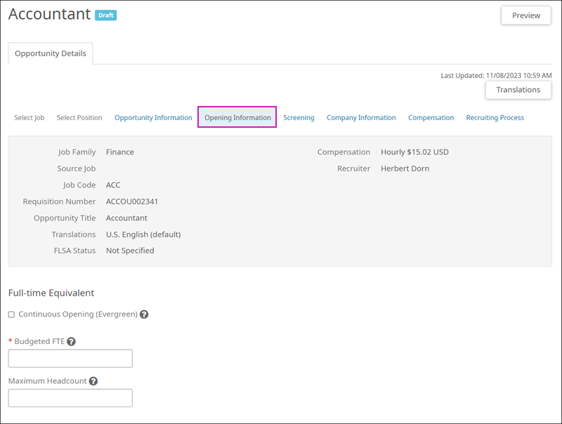 Opening Information tab. Image displays Continuous Opening (Evergreen) check box, Budgeted FTE field, and Maximum Headcount field. 