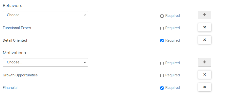 Opportunity Information tab. At the Behaviors section, the image displays a drop-down list, Required check box, and Plus icon. At the Motivations section, the image displays a drop-down list, Required check box, and Plus icon.