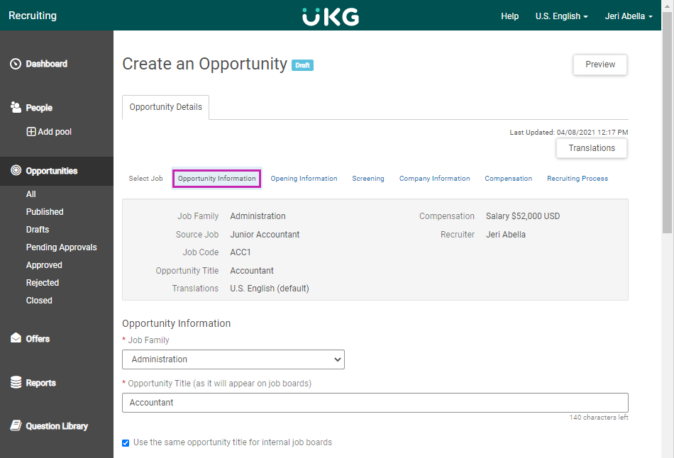 Opportunity Information tab. Image displays Job Family field, Opportunity Title field, and check box labeled Use the Same Opportunity Title for Internal Job Boards.