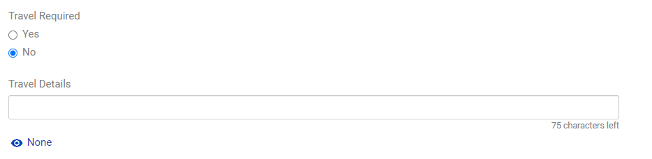 Opportunity Information tab. Image displays Yes and No radio buttons for Travel Required, a Travel Details field, and an Eye icon.