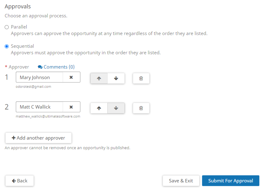 Recruiting Processes tab. Image displays the Approvals section with radio buttons for Parallel and Sequential, an Approver field, and an Add Another Approver button.