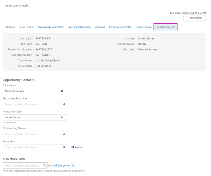 Recruiting Processes tab. Image displays the Opportunity Contact section with a Recruiter field, Secondary Recruiter field, Hiring Manager field, Onboarding Owner field, Supervisor field, and a Share With field.