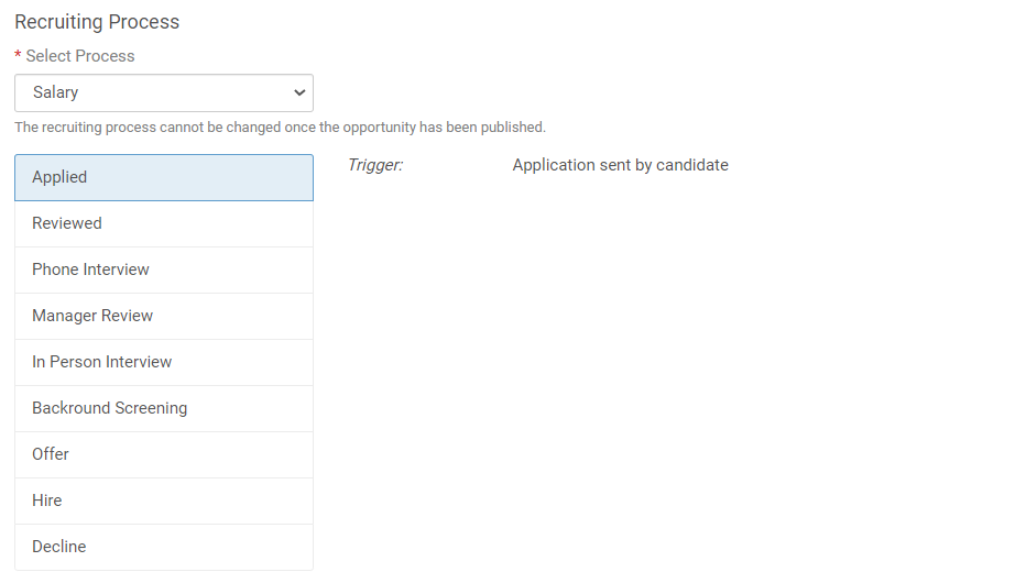 Recruiting Processes tab. Image displays the Recruiting Process section with a  Select Process drop-down list and the steps included in that process. 