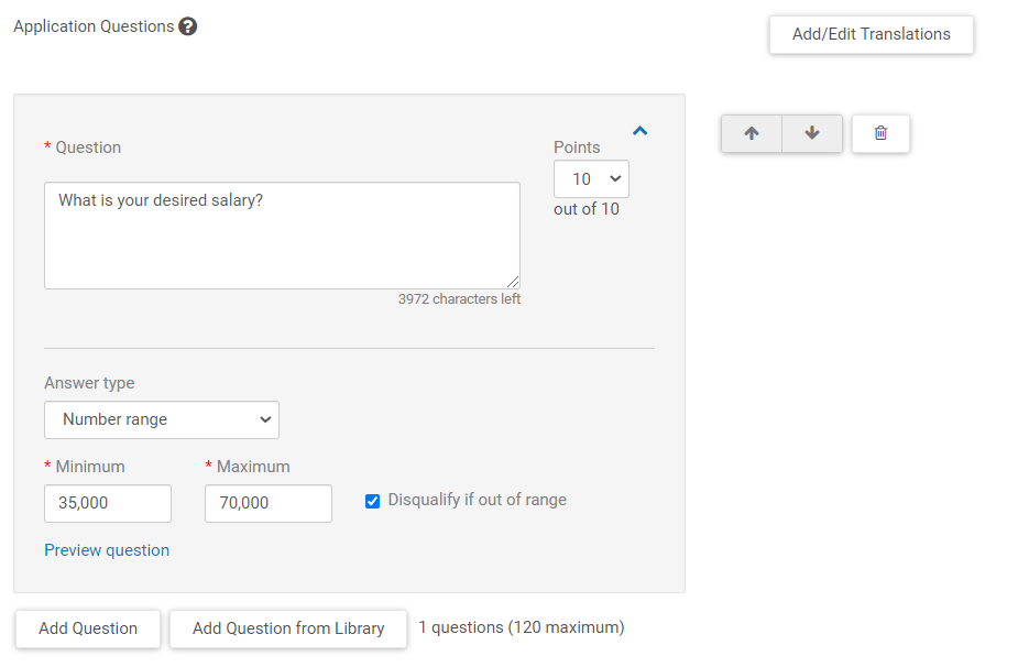 Screening tab. Image displays the Application Question section which includes one question box. The question box includes the Question field, Points drop-down list, Answer Type drop-down list, answer choices, Disqualify check box and Preview Question link.