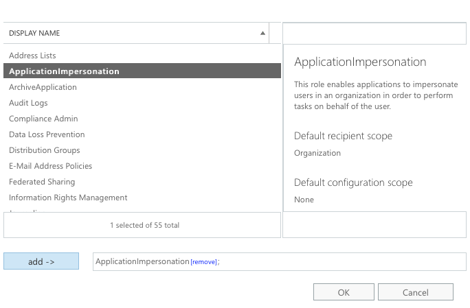 Adding the ApplicationImpersonation role in Office 365 Admin Center