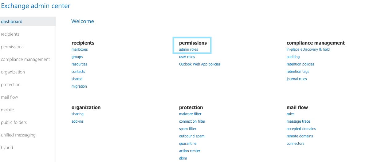 Permissions link in the Office 365 Admin Center