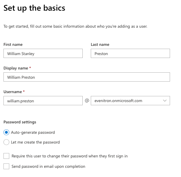 Set Up the Basics page for new account creation in Office 365 Admin Center