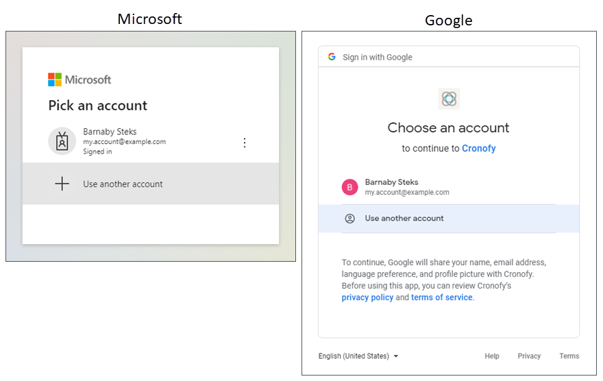 Microsoft's Pick An Account sign-in page, and Google's Choose An Account sign-in page.