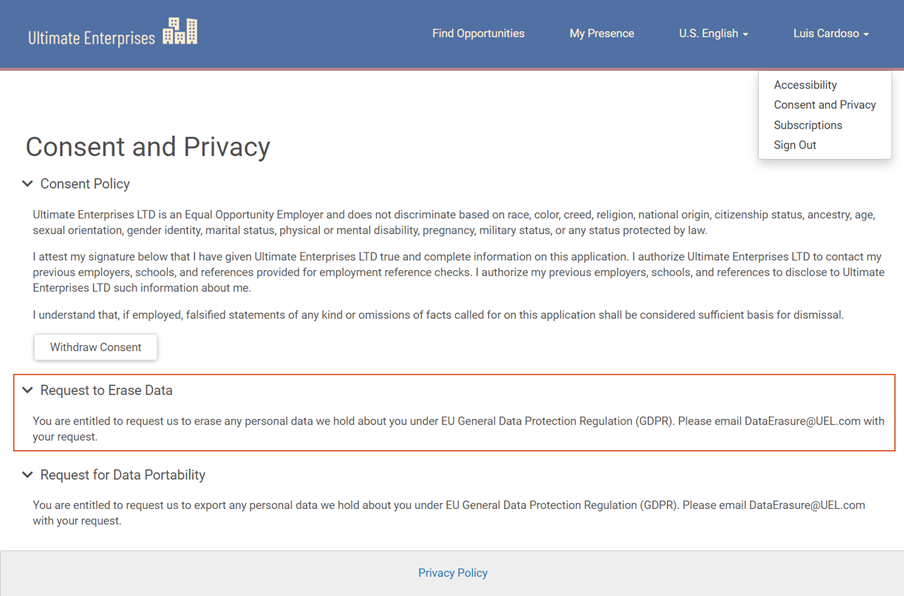 Consent and Privacy page on a Job Board. Image displays Consent Policy, Request to Erase Data Policy, and Request for Data Portability policy. The Request to Erase Data Policy is highlighted. 