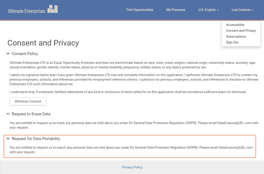 Consent and Privacy page on a Job Board. Image displays Consent Policy, Request to Erase Data Policy, and Request for Data Portability policy. The Request for Data Portability policy is highlighted. 