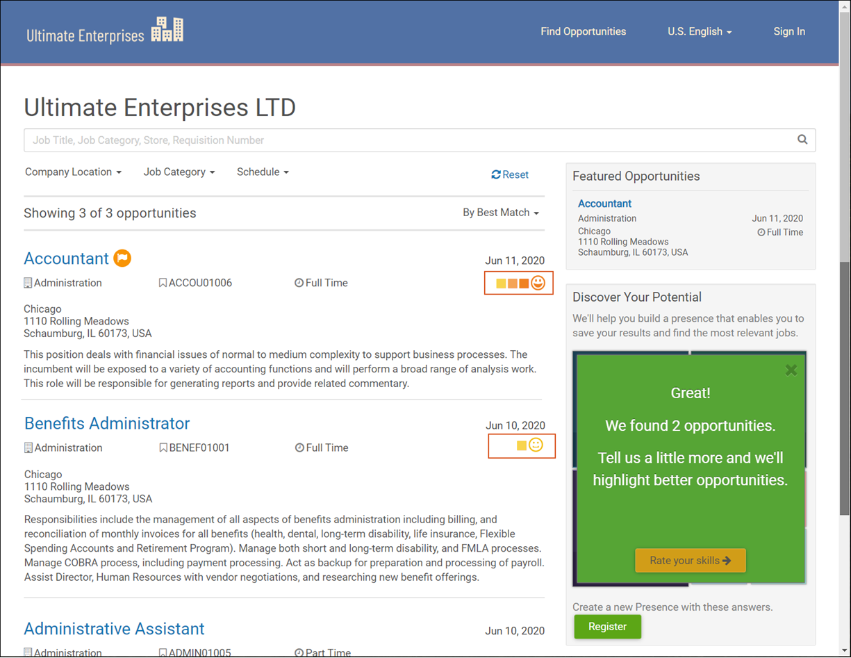 Job Board. Image displays an three blocks and an orange smiley face next to the Accountant opportunity. It also displays one block and a yellow smiley face next to the Benefits Administrator opportunity. The image does not display anything next to the Administrative Assistant opportunity.