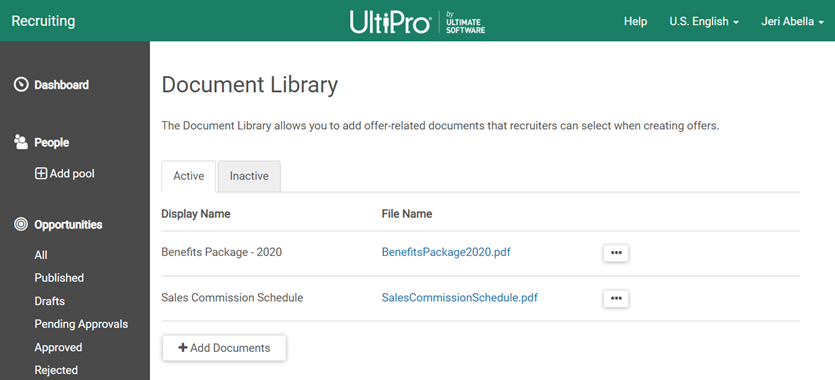 Document Library. Image displays two tabs: Active and Inactive. The Active tab displays a table with the columns: Display Name, File Name, and Action buttons. There is also an Add Documents button. 