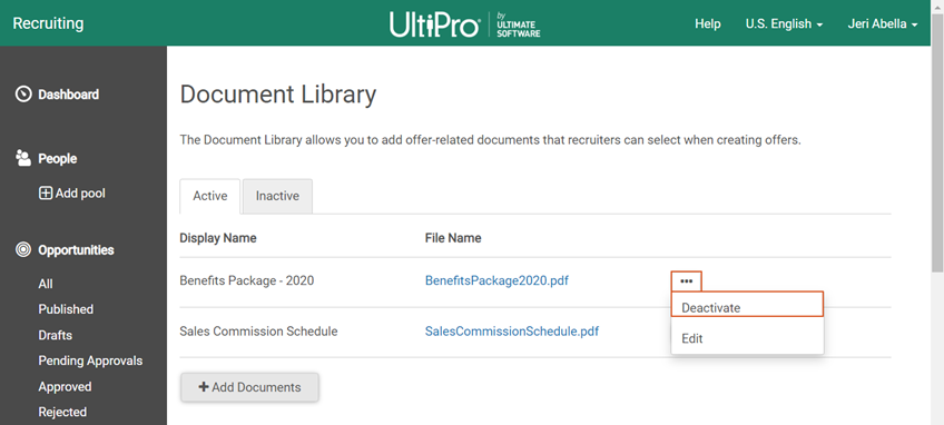 Document Library, Active tab. Image displays the Ellipses icon selected with a menu that includes Deactivate and Edit links.