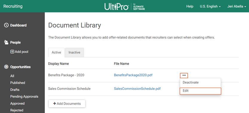 Document Library, Active tab. Image displays the Ellipses icon selected with a menu that includes Deactivate and Edit links.