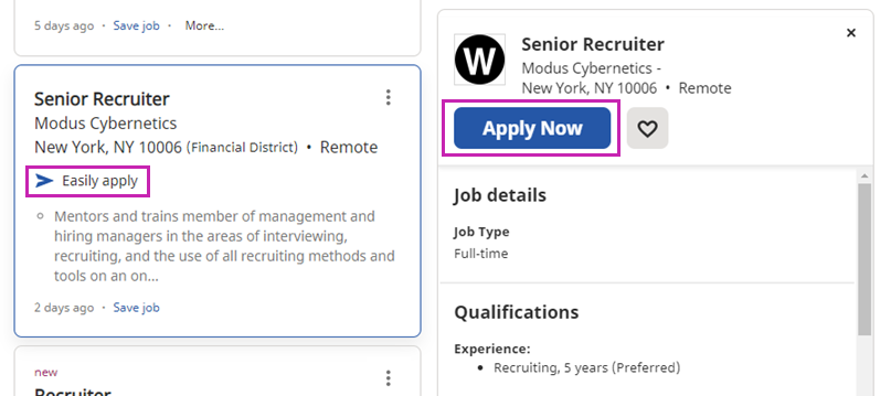 A job summary and detailed description on Indeed, showing the Easily Apply indicator and the Apply Now button