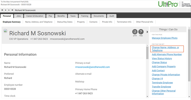 Employee Record in UKG Pro. Image shows Things I Can Do column with Change Name, Address, or Telephone link highlighted.